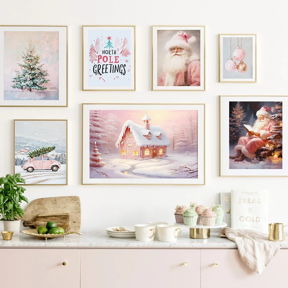 Pink Santa Claus Christmas Tree Decoration Printed Gifts Wall Art Canvas Painting Nordic Poster Home Living Room Decor