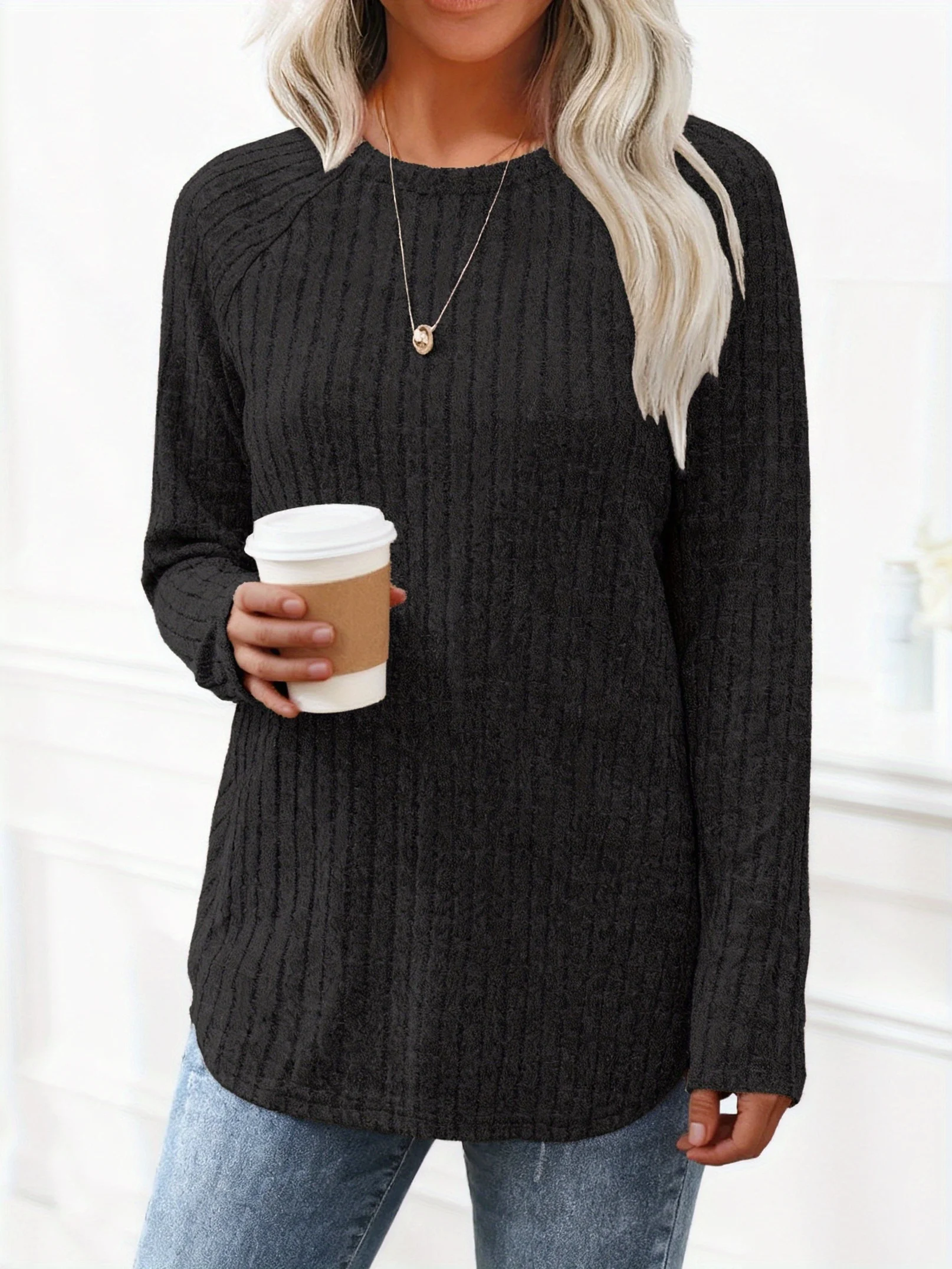 

Женская туника в рубчик с длинными рукавами больших размеров, элегантный повседневный комфорт