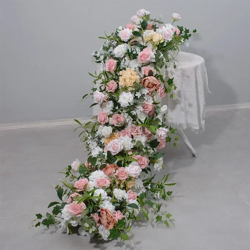 2M Coffee Color Pink Flower Row Outdoor Wedding Dining Table Conference Long Table Arch Rack Decoration Artificial Rose Stripe