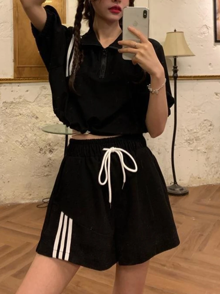 Korean Shorts Sports Suit Women Leisure Jacket Drawstring Wide-Leg Pant Girl Splice Color Two-Piece New in Summer Fashion Trend