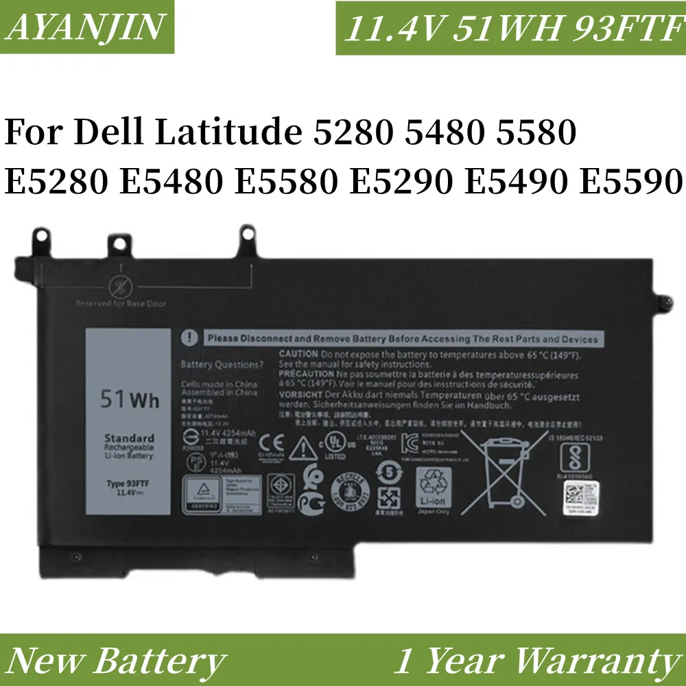 

93FTF 11.4V 51Wh Battery For DELL Latitude 5280 5480 5580 E5280 E5480 E5580 E5290 E5490 E5590 Series Laptops 83XPC 93FTF