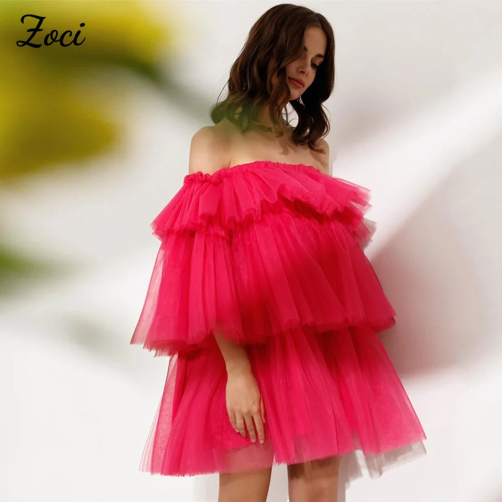 

Zoci Strapless Pink Tiered Tulle Short Prom Dresses Customized Off Shoulder Pleats Formal Evening Gown Women Wedding Party Dres