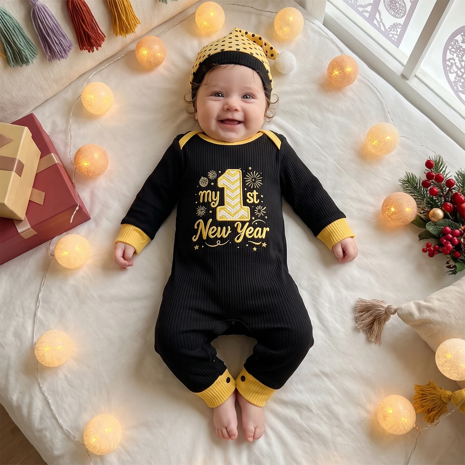 Tregren Newborn Baby New Year Outfit Infant Boy Girl Embroidered Long Sleeve Romper + Dot Print Hat 2pcs Sets