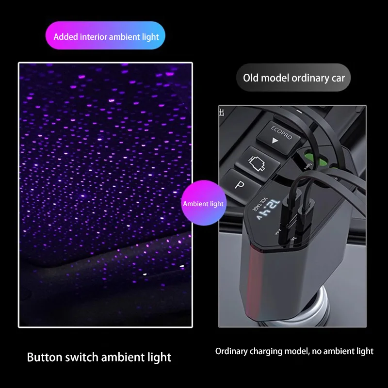 Aromatic Starlight In Roof Retractable Charger With Lightening Cable Dual Charge Port Fast Charging Adapter Automotive 4-in-1