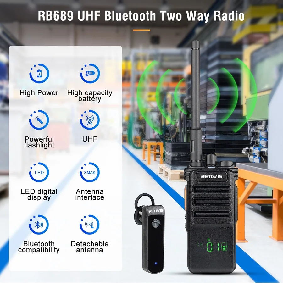 10W UHF Bluetooth-Compatible Walkie Talkie Retevis RB689 Handheld  Walkie-Talkies Powerful Professional Radio for Warehouse