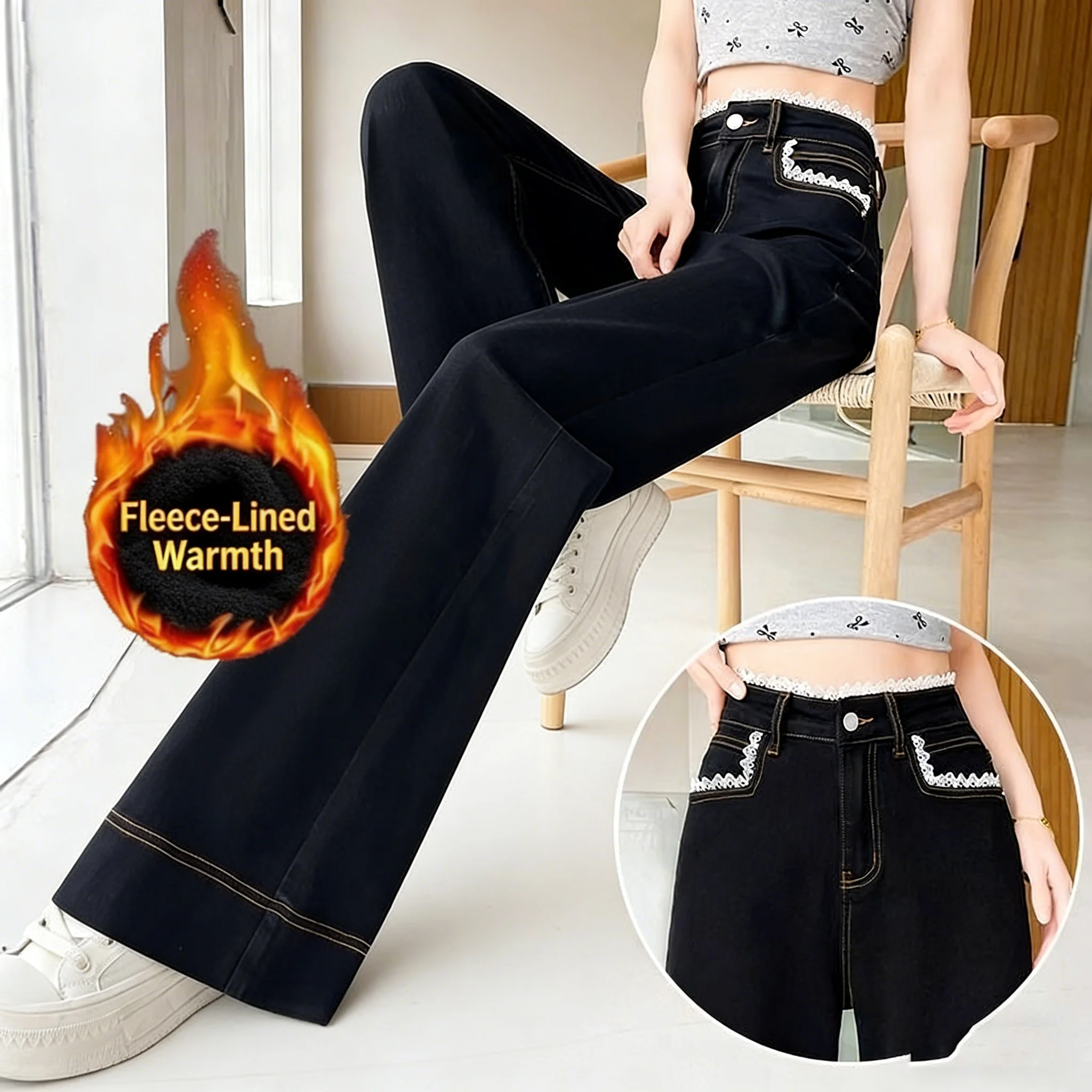 Czarne dżinsy z szerokimi nogawkami i koronkowym wykończeniem, damskie, letni trend, cienkie, szerokie, duży rozmiar, uniwersalne, szerokie spodnie z wysokim stanem, proste dżinsy.