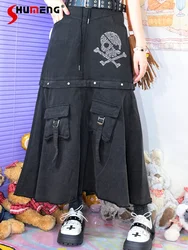Original Punk Two Wear Detachable Long Skirt Cargo Jeans Women's Autumn Winter Fashion Streetwear Y2k Denim Pantskirt Trousers