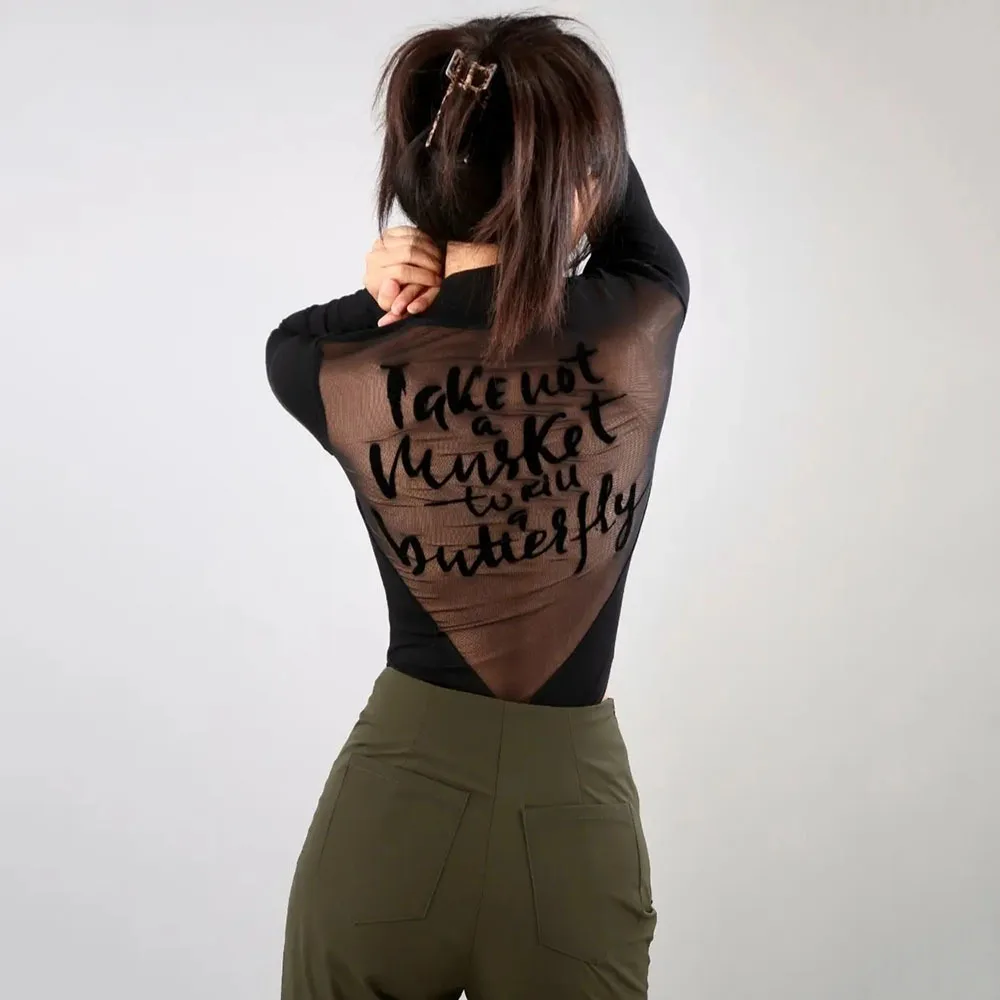 Macacão preto sexy feminino, blusa de carta flocada oca, costura em perspectiva, gola alta, macacão de manga longa, camiseta feminina, elegante