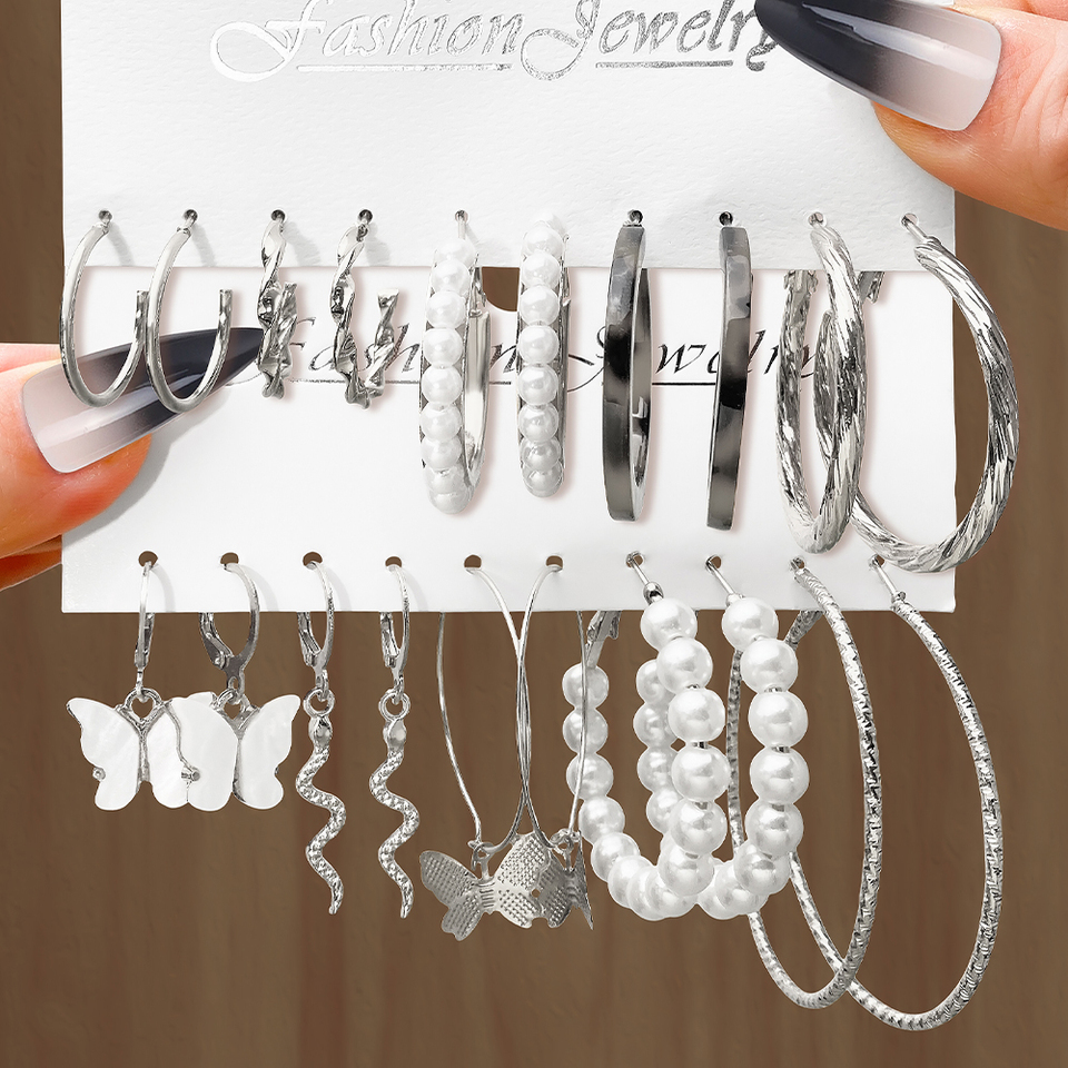  Butterfly PearlTwist Hoop Earrings Set Heart Hollow Dangle Earrings for Women Metal SiLVER Color Stud Earrings Trendy Jewelry
