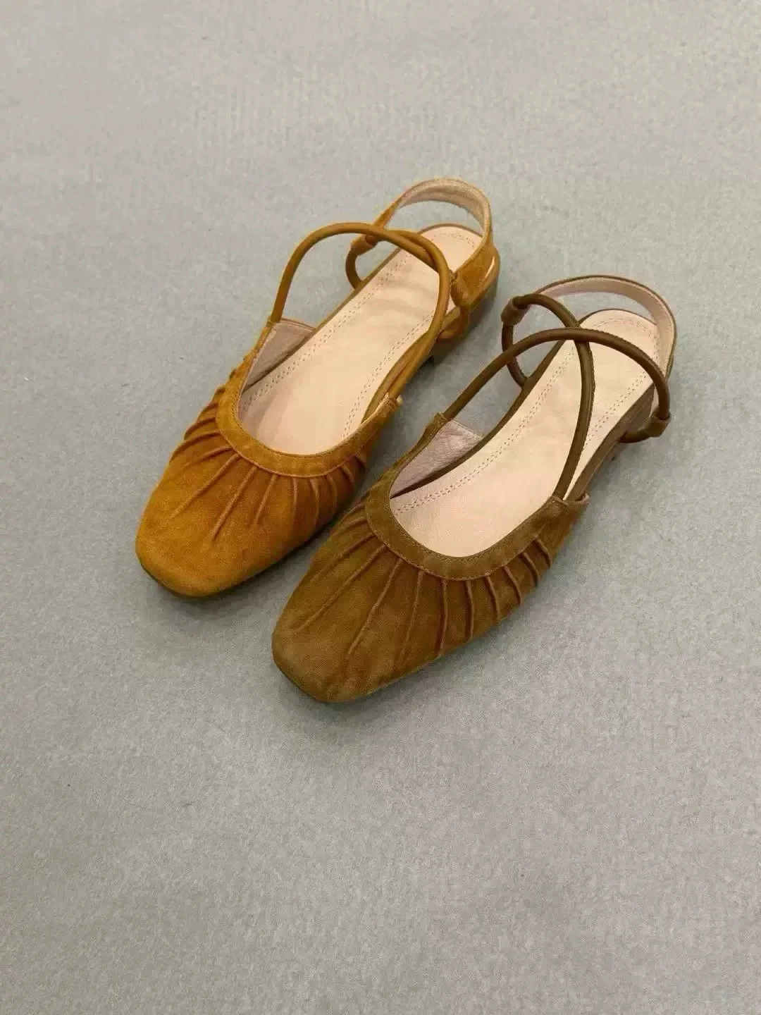 Women's Vintage Suede Slingback Flats Ruched Square Toe Crisscross Thin Ankle Straps Low Flat Heel Soft Comfortable Footwear