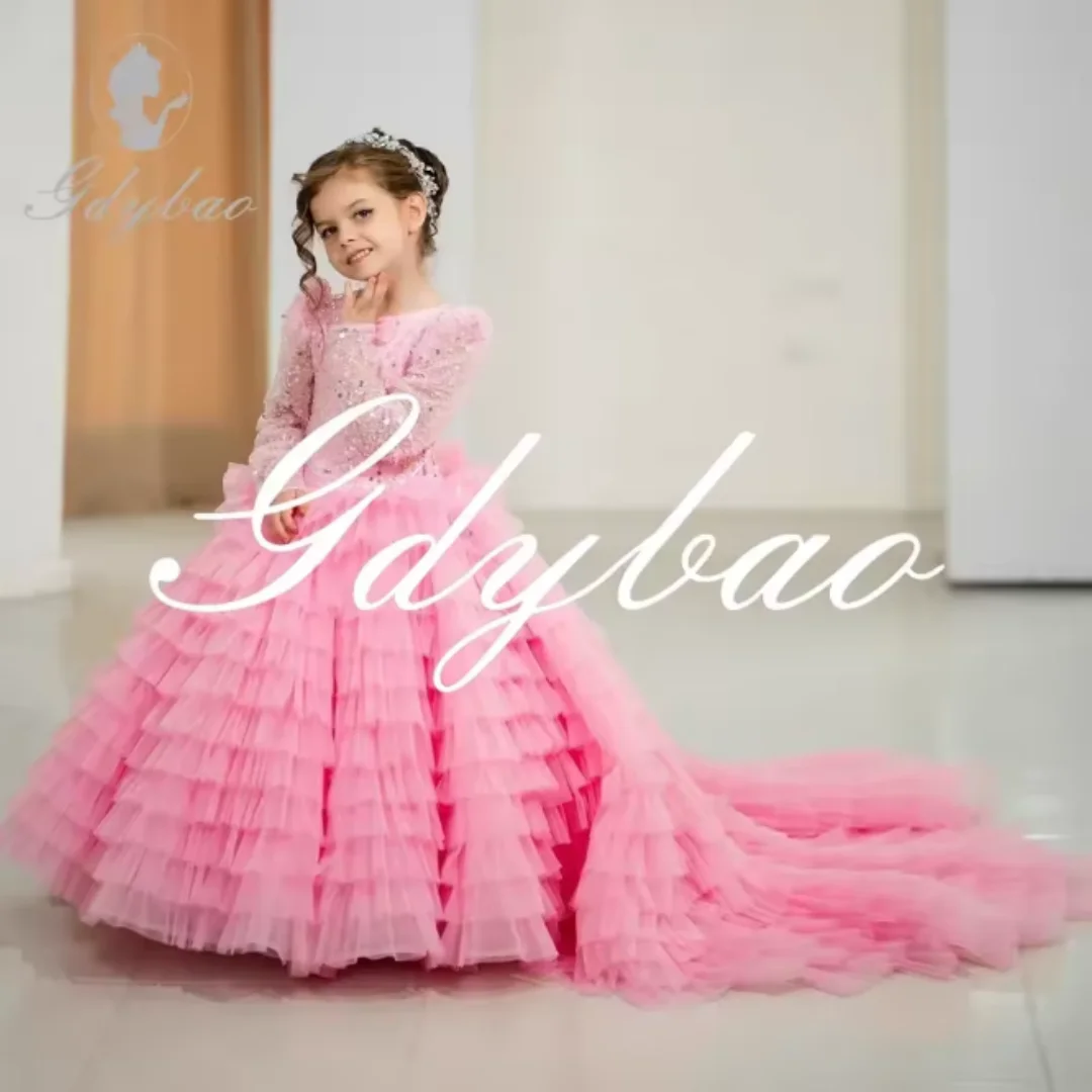 Luxurious Sequin Ruffled Sparkle Girl's First Communion Dress Long Sleeve Floor-Length Formal Wedding Party Children's Dress