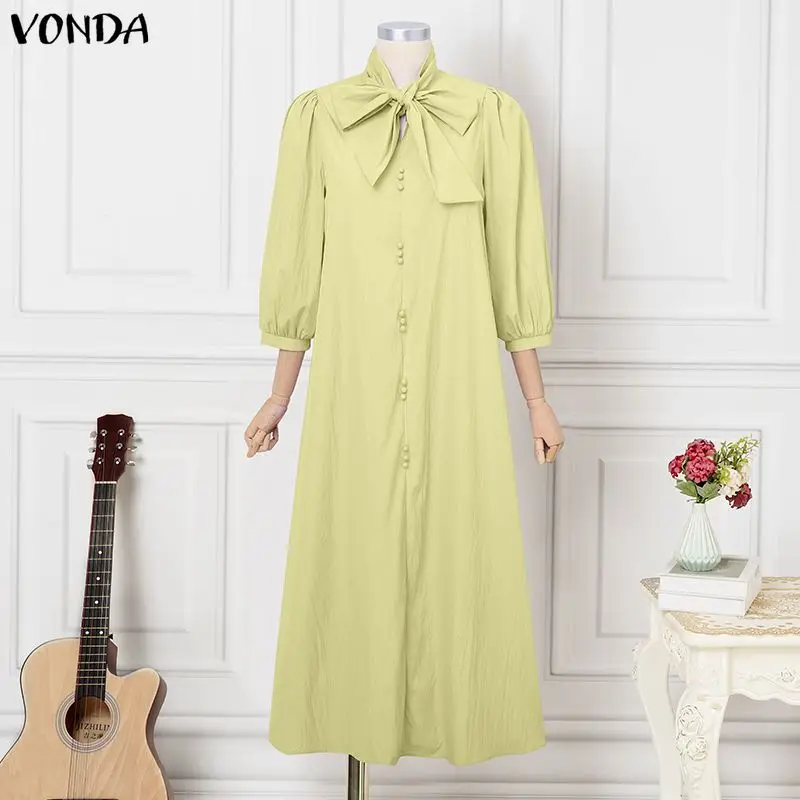 

Fashion Women Plus Size Dresses VONDA 3/4 Sleeve Bow Female Spring Summer Dress Casual Long Maxi Dress Streetwear OL Vestidos