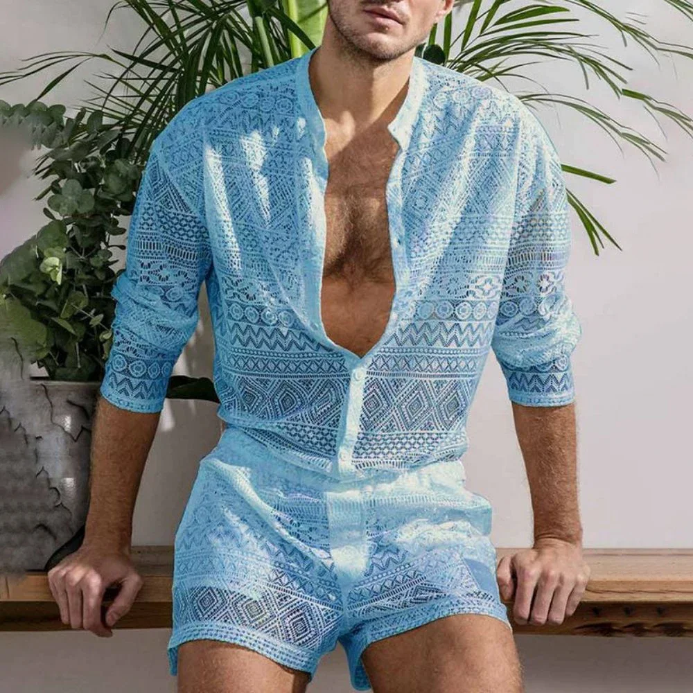 Mens Fashion Set Summer New Hollow Out Sexy Lace Shorts Pattern Print Shirt Two Piece Suits Trendy Elegant Beach Clothes Outfits - Image 3