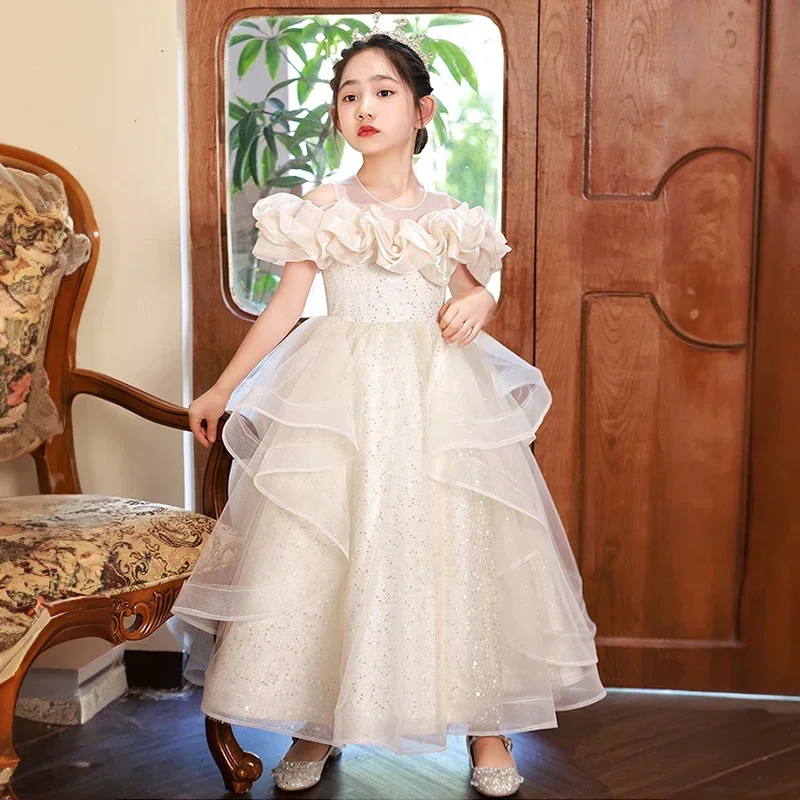 Robe de soirée longue en tulle pour petite fille, robes de champagne pour invité de mariage, robe de reconstitution historique de luxe pour enfants, fête d'anniversaire, élégante