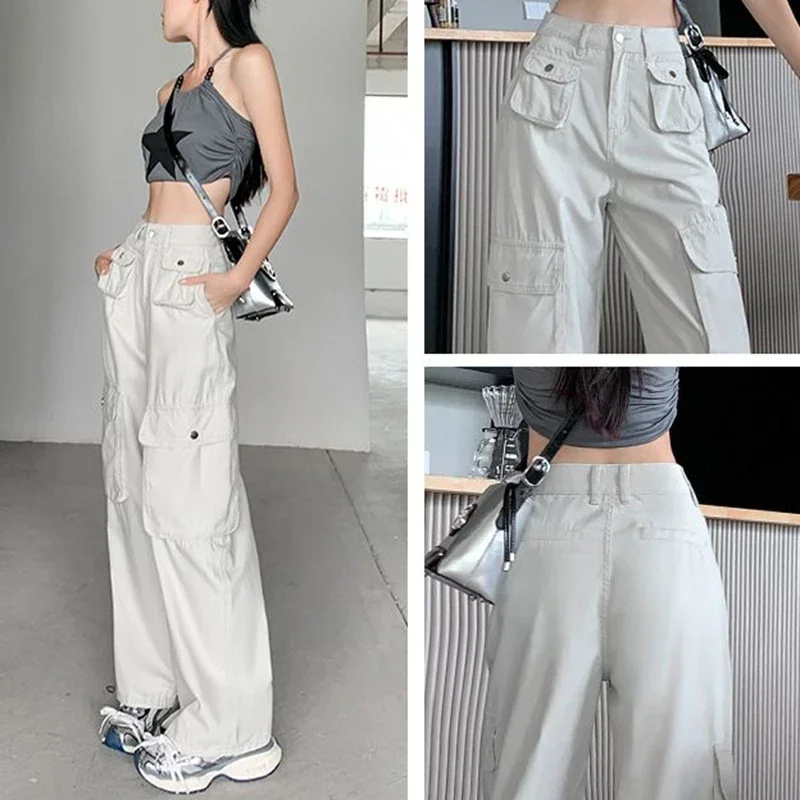 Damskie klasyczne jeansy w kolorze morelowym z prostymi nogawkami, spodnie cargo z wysokim stanem w stylu streetwear dla dziewcząt, modne spodnie dżinsowe w stylu casual dla kobiet.