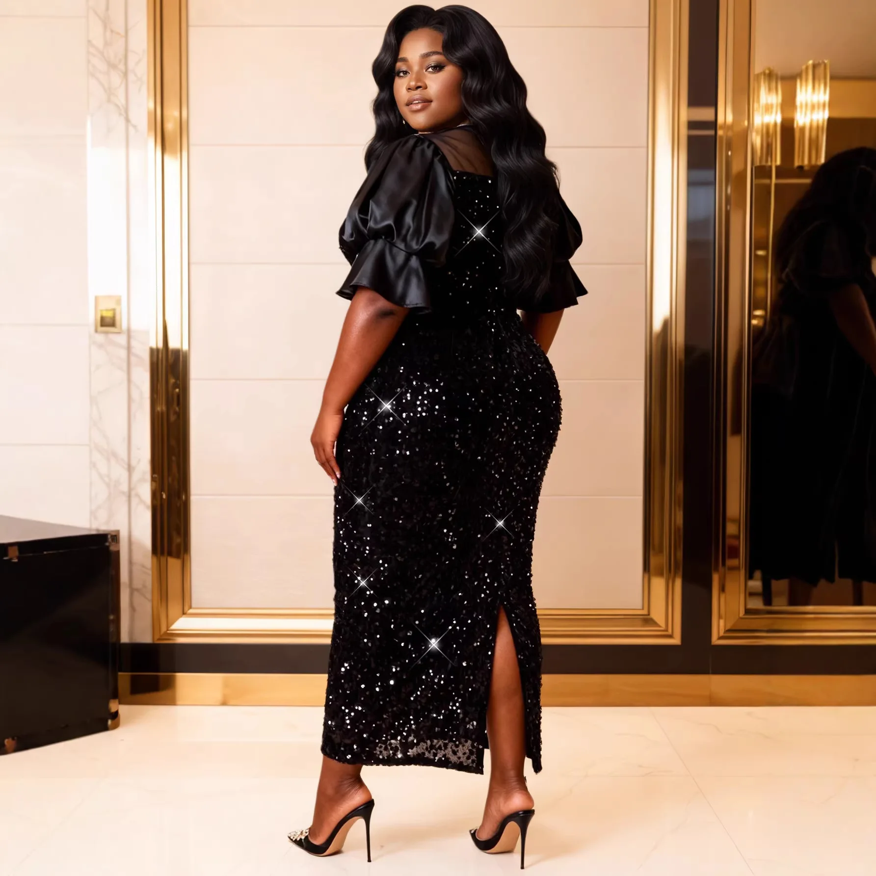 Plus Size Afrikaanse Jurken voor Vrouwen Lente Zomer Mode Afrikaanse Korte Mouw O-hals Zwarte Pailletten Feestavond Lange Jurken