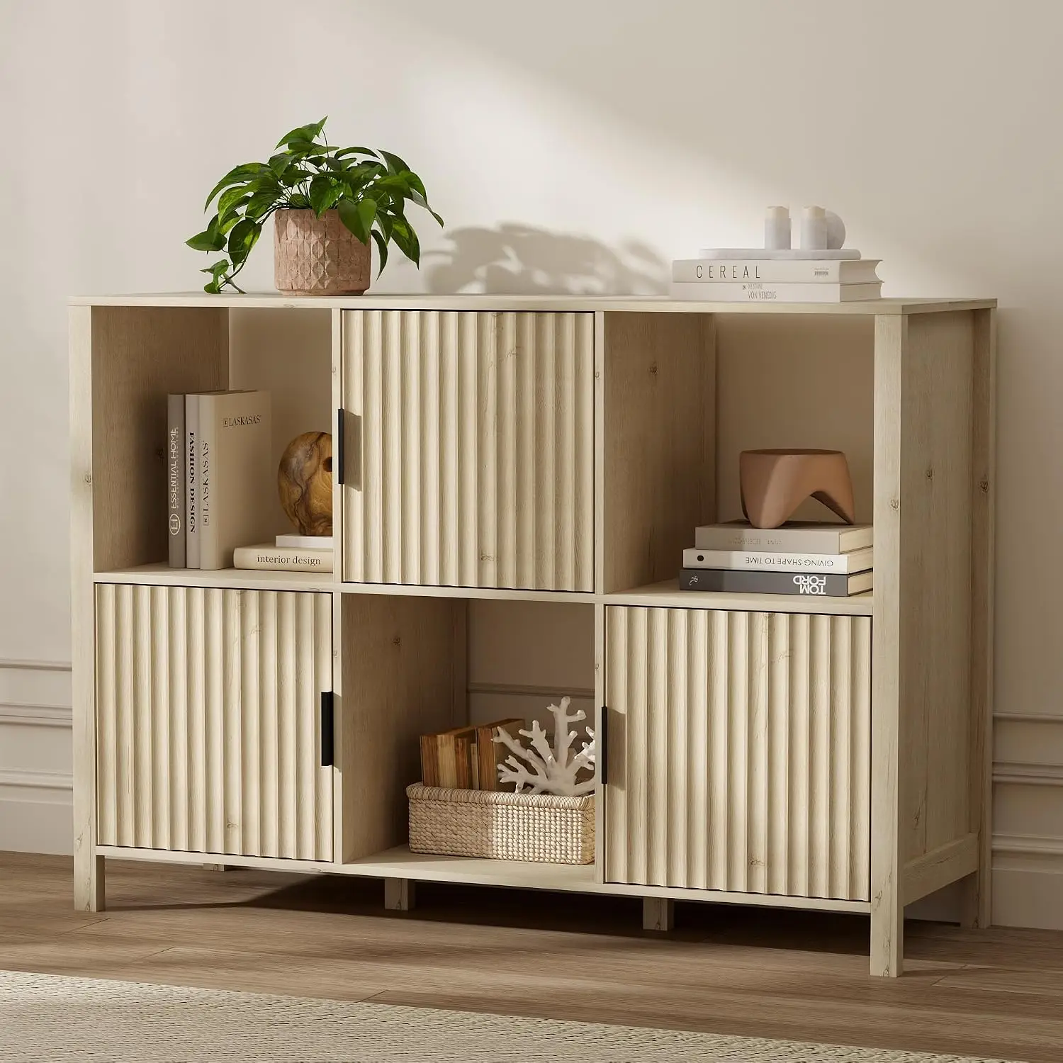 6 Cube Storage Organizer Bookshelf with 3 Doors for Living Room Home Office 1PC Light Oak, Customized