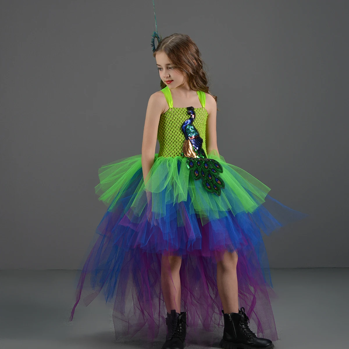 Girls Peacock high low Tutu Dress Kids Zoo Birthday Tutu Dress Fairy garden Peacock tutu birthday party outfit Ball Gown Costume