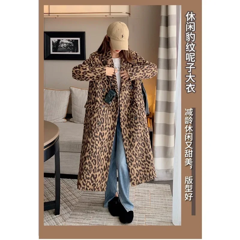 2023 Spring Women Woolen Coat Classic Leopard Print Loose Style Long Sleeve Women Fashion Longl Coat Casaco Feminino