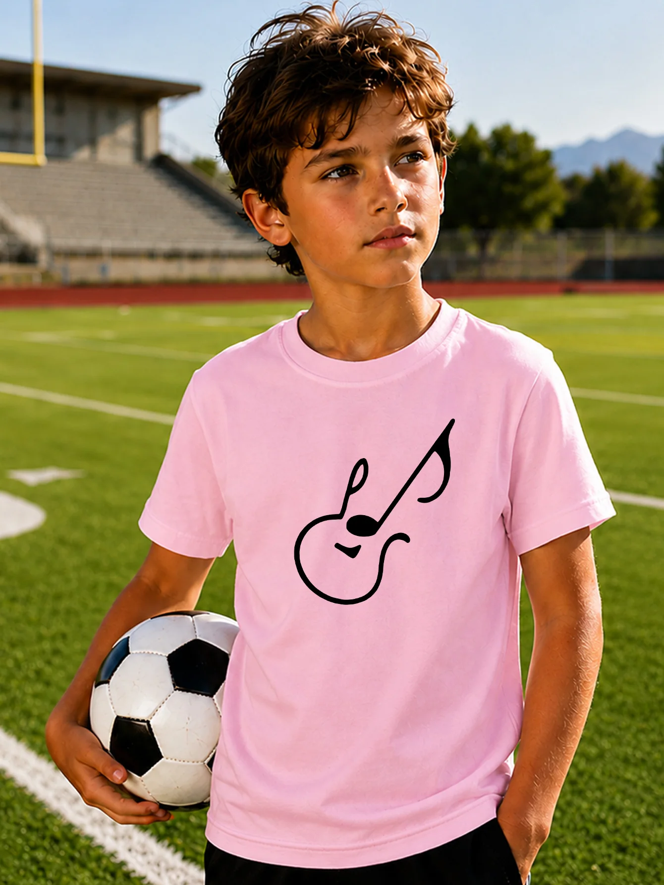 Music Note Guitar Line Drawing Print Boys Girls Family Matching Cotton Short Sleeve Crew Neck Soft Summer Kids Casual Tees