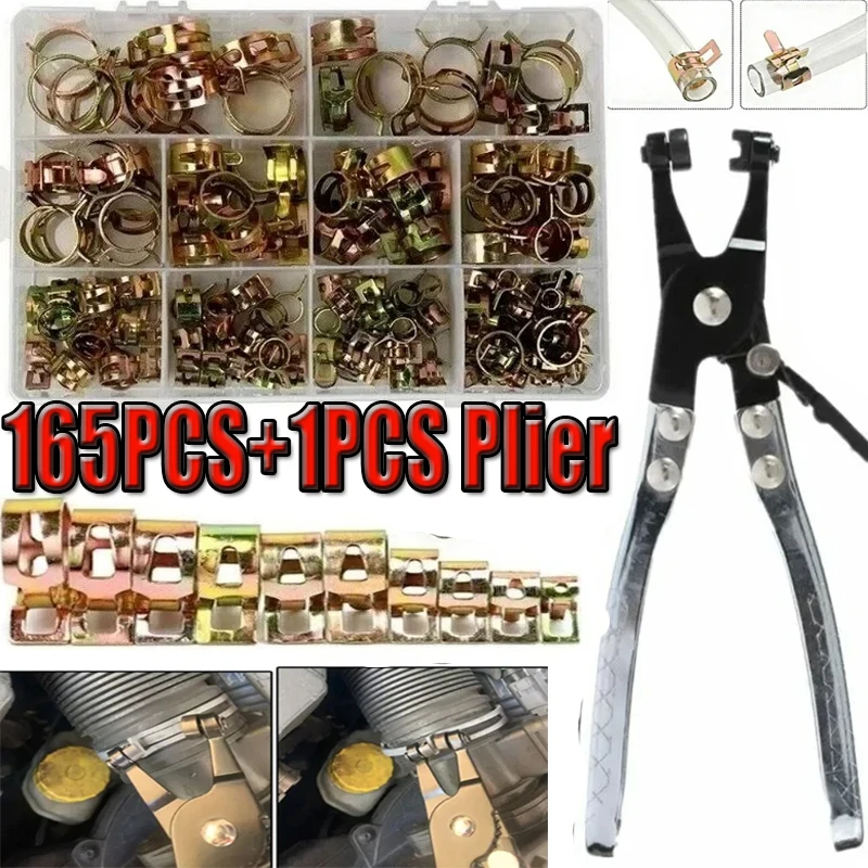 165PCS 6mm -22mm Hose Clamps Car Truck Spring Clips Fuel Oil Water Hose Clip Pipe Tube Clamp Fastener+1PCS Clamp pliers