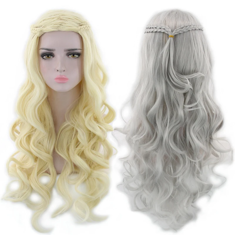 70cm braided silver long curly hair, golden wig for women
