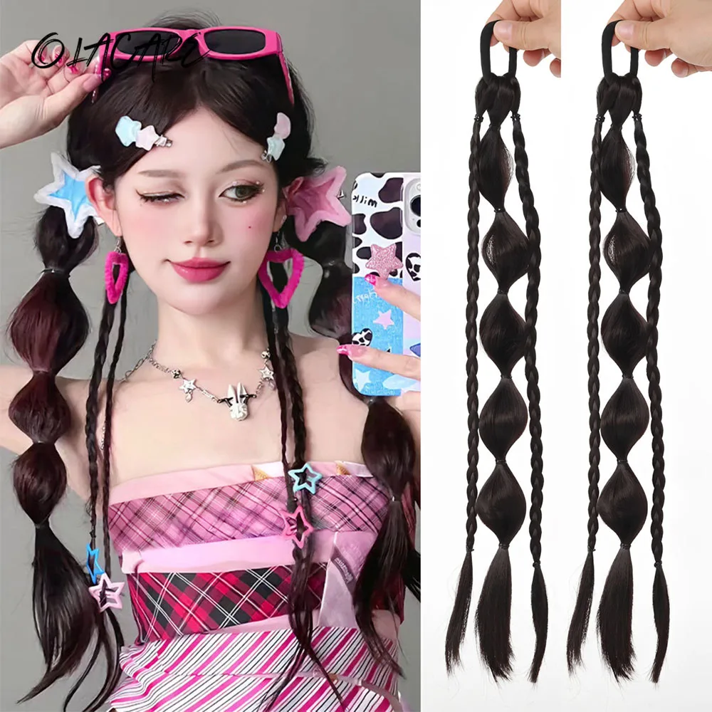 OLACARE 2PCS Synthetic Bubble Braids Hair Ponytail Wig Kids Girls Elastic Hair Tie Bubble Boxer Pigtail Daily Use Cute Hairstyle