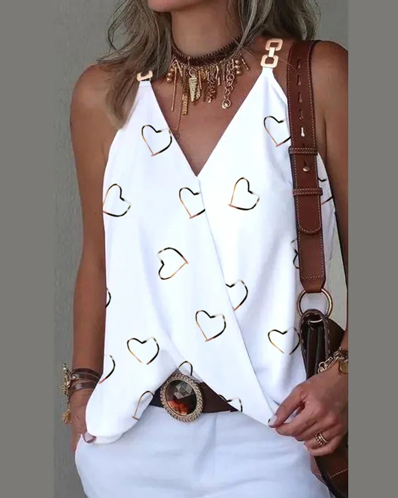 Women V Neck Wrap Cami Top Heart Print Metal Buckle Spaghetti Strap Sleeveless Blouse Casual Daily Commuter Tank Top