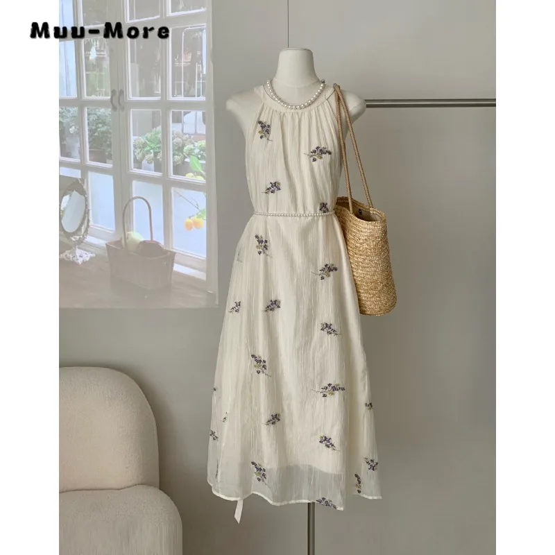 2024 Spring Fairy Backless Round Neck Floral Printting Suspender Dresses Women's High Waist Chiffon Loose Fit Sweet Dress