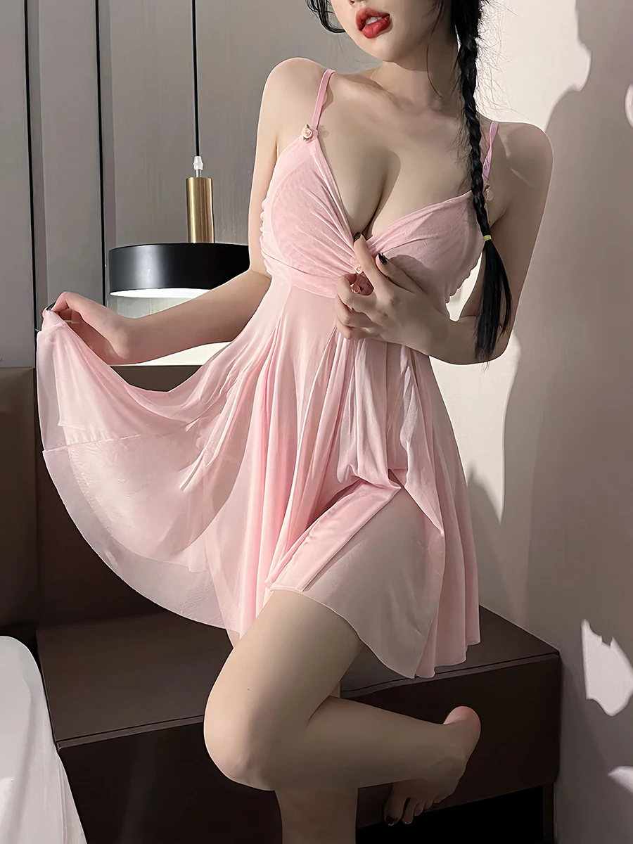 New Women Lingerie Set Solid Pleated Ruffles Flower Sleeveless Spaghetti Straps Babydoll Dress With Thong 2 Pcs Set Hot Sale