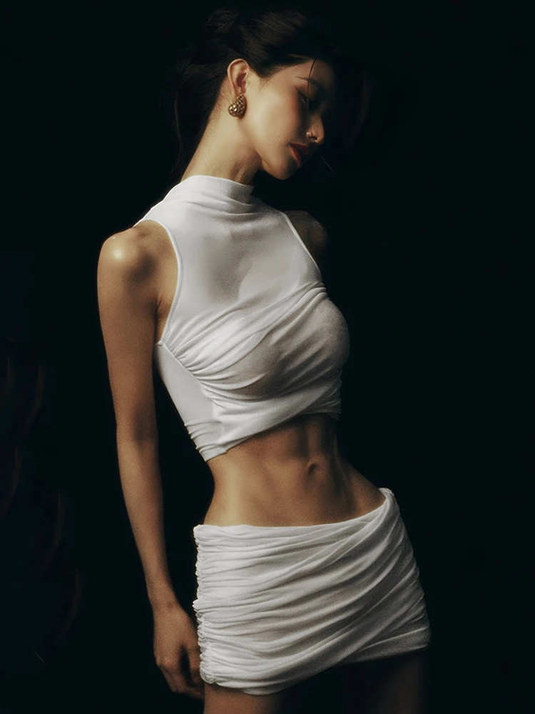 Weird Puss Trend Ruched 2-teiliges Set Damen Sexy Hottie Rollkragen-Crop-Top + Pfirsichfarbener Hüftrock Modische Schicke Street-Club-Anzüge – Detail 15