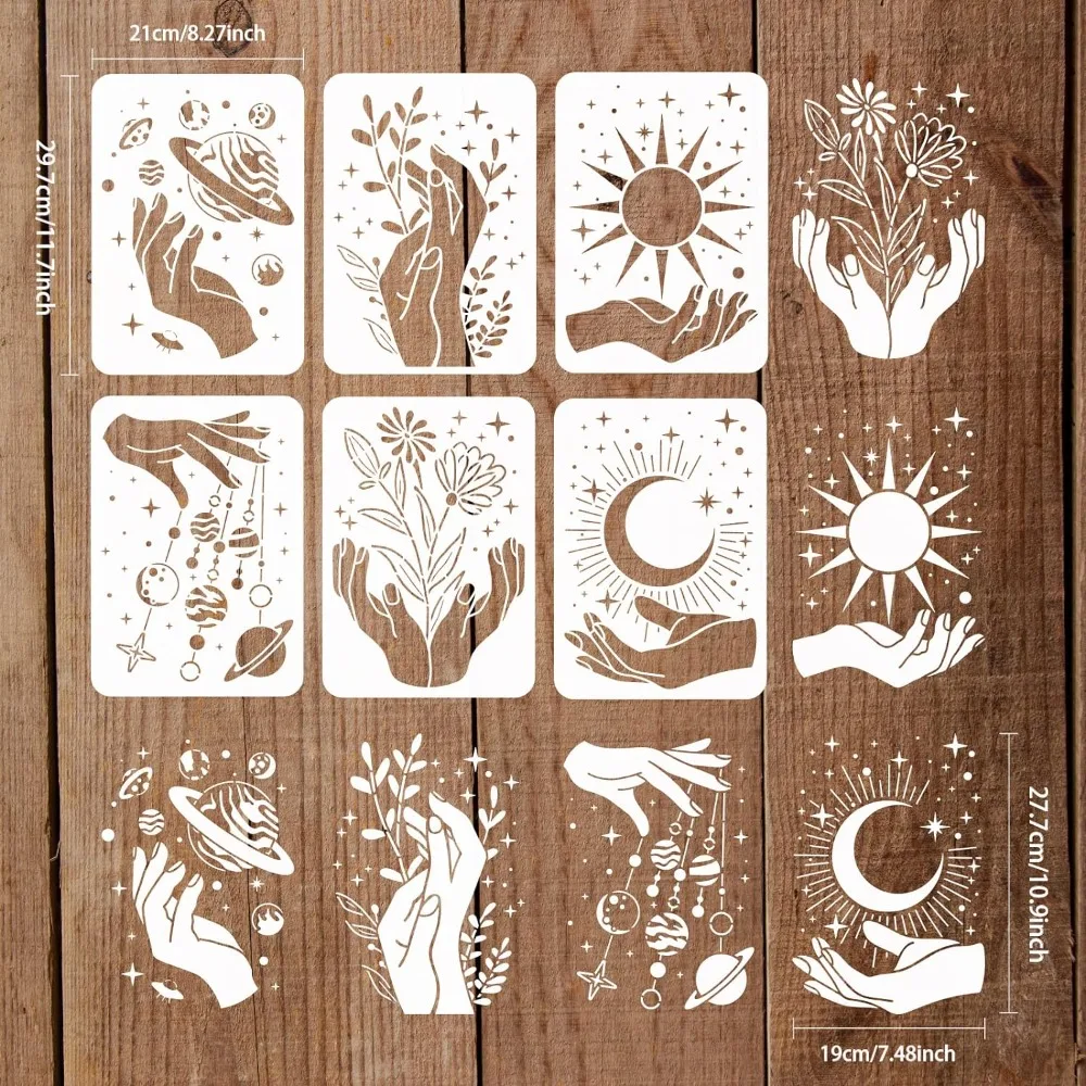 6 Pcs Hand Pattern Stencils 11.7x8.3 inch Sun Moon Star Stencils Plastic Plants Flowers Stencil Reusable Cosmic Planet Pattern