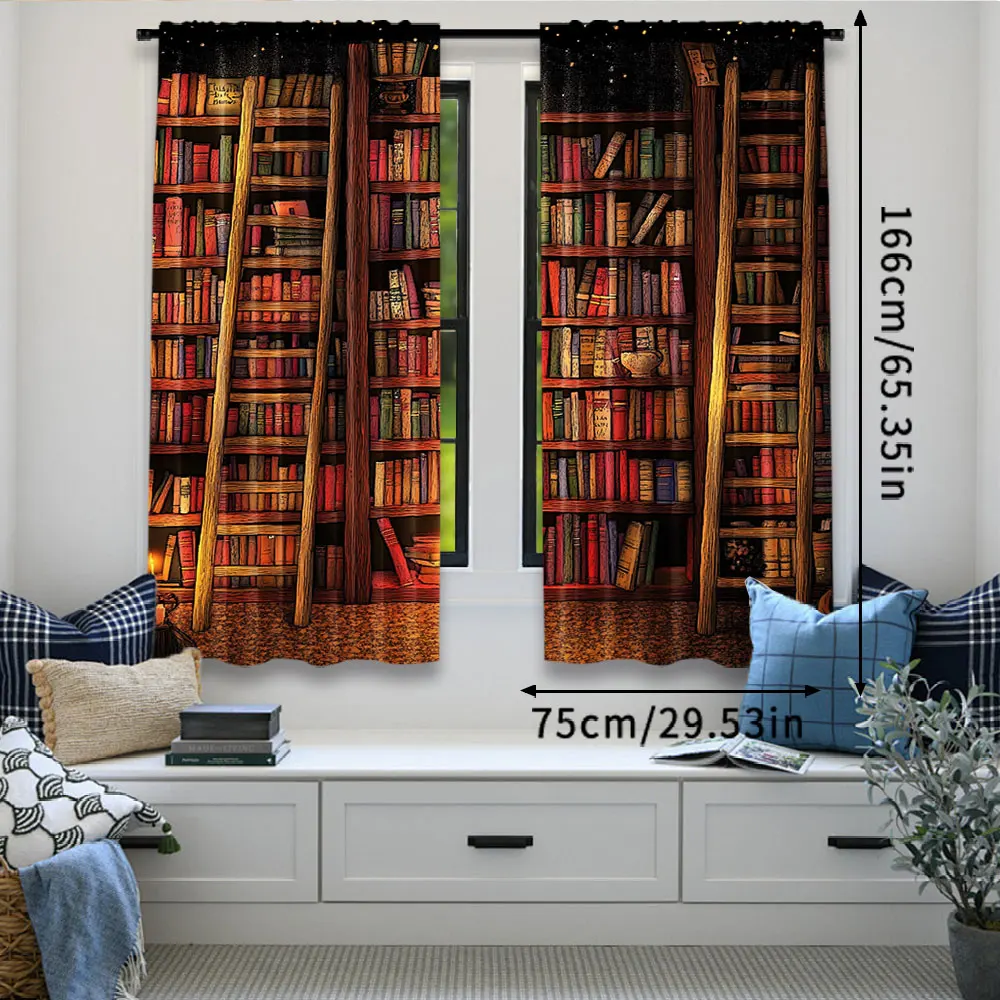 2Pcs Bookshelf Curtains Vintage Books Library Bookcase Print Bookshelf Room Decor Curtains Window Drapes For Living Room Bedroom
