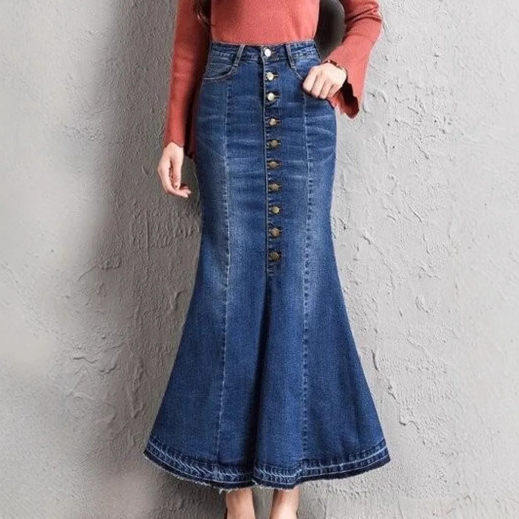 Y2k Denim Skirts Women Mermaid Skirt Stretch High Waist Washed Single Breasted Female 2025 Streetwear Vintage Distressed A Line