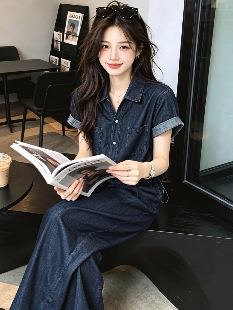 Korean Style Unique Beautiful Summer New Women's Denim Short Sleeve Shirt Loose Straight Leg Pants Two Piece Set Casual Fashion