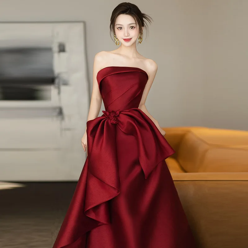 

Off-Shoulder Toast Dress Wine Red Bride Niche Satin Wedding Engagement French High-End Waist-Cinching Homecoming Evening Gown