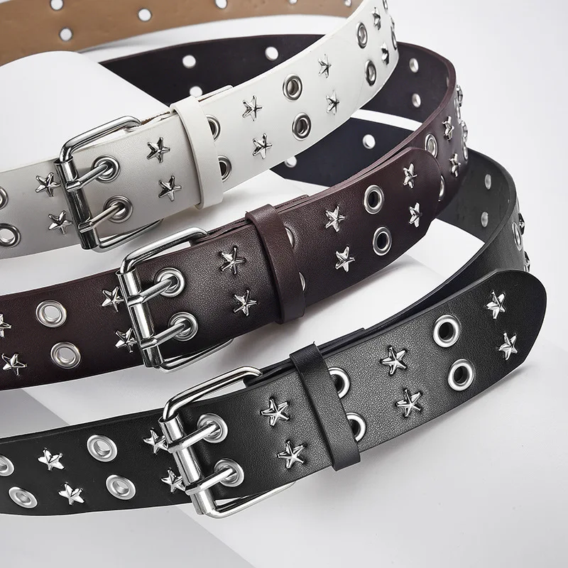 

Fashion Punk Belt for Men Women Cowboy Clothing Accessories Hip Hop Rock Style Double Hole Star Decoration PU Leather Belts 2024