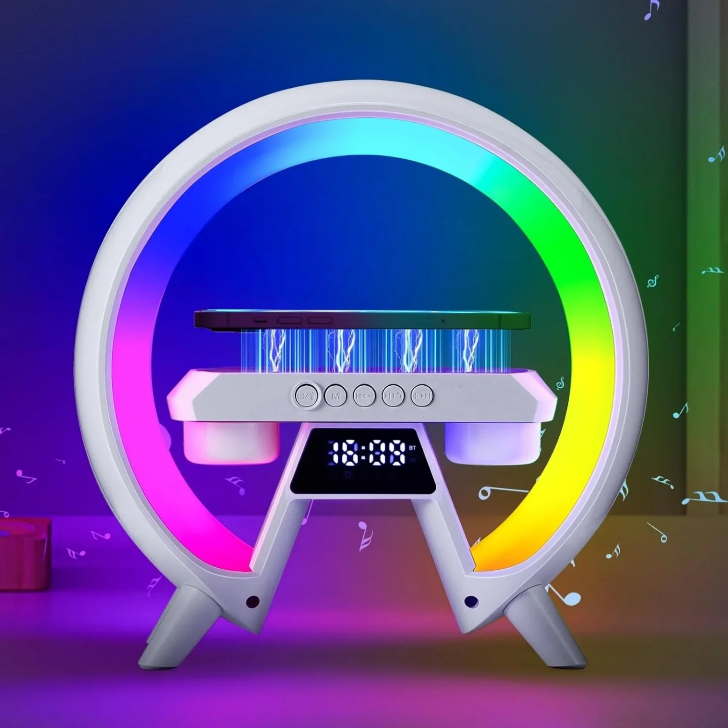 Smart RGB LED Lamp Speaker Wireless Mobile Phone Charger with Night Light FM Radio & Digital Alarm Clock for Home & Party Use