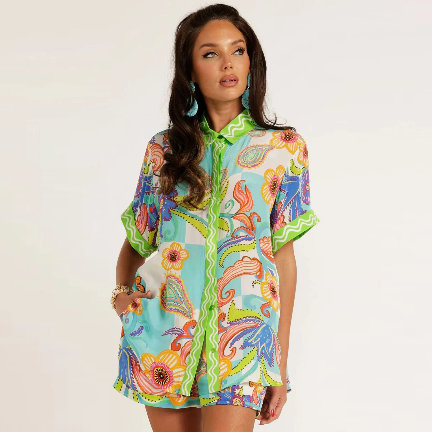 

Женские однобортные модные повседневные праздничные льняные рубашки с цветным принтом и шортами, костюмы