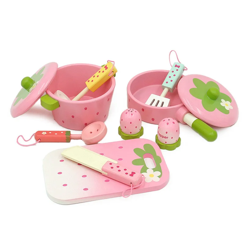 Children play house toys strawberry pink pot set wooden kitchen toys cooking pretend toys girls kids gifts