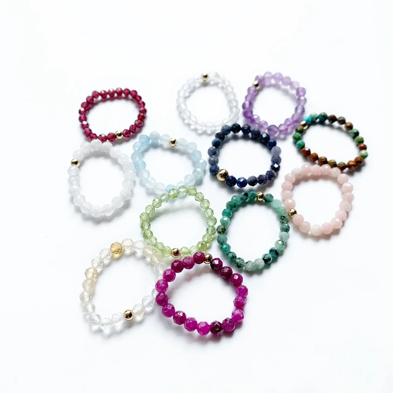 12 Zodic Birthstone Ring 3mm Peridot Ruby Moon Stone Faceted Beads Ring Finger Jewelry Elastic String Jewelry 1pc