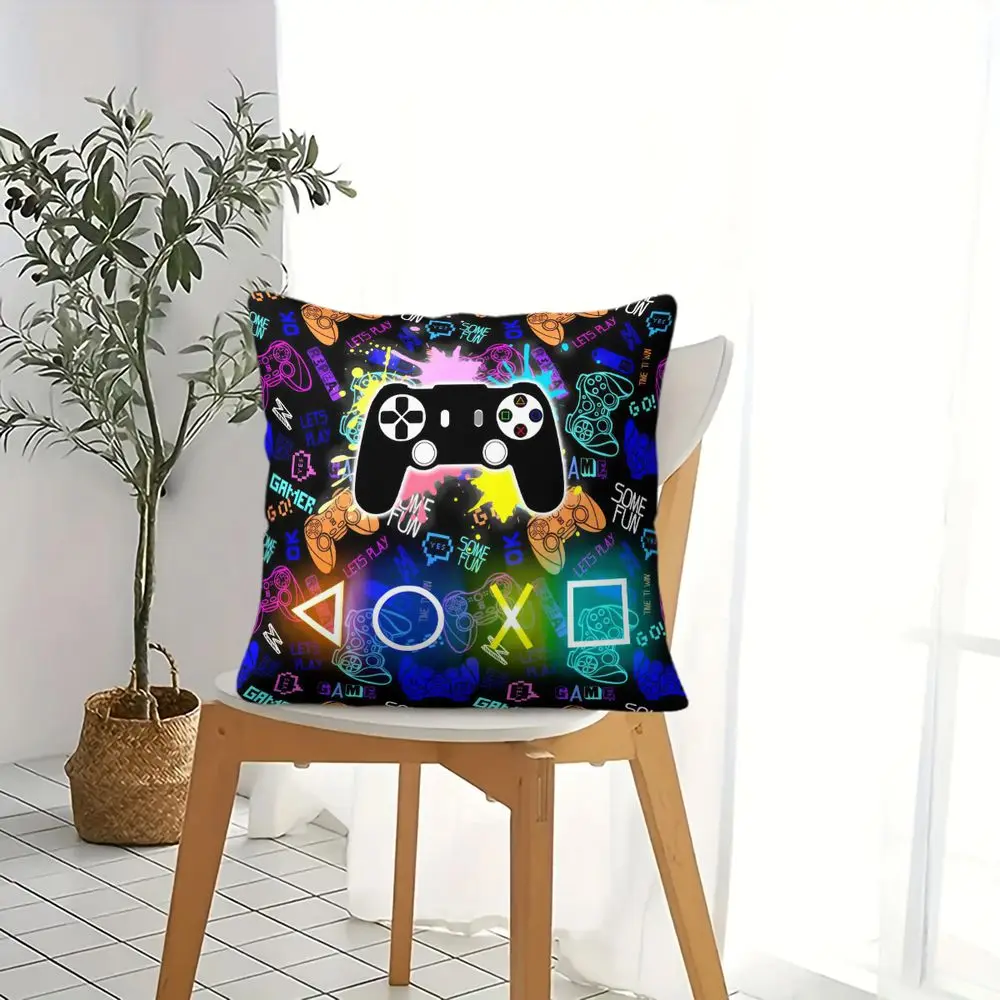 Gamer Throw Pillow Digital Print Video Game Controller Cushion Cover Cool Gaming Decor for Boys Room Sofa Bedroom 45x45cm