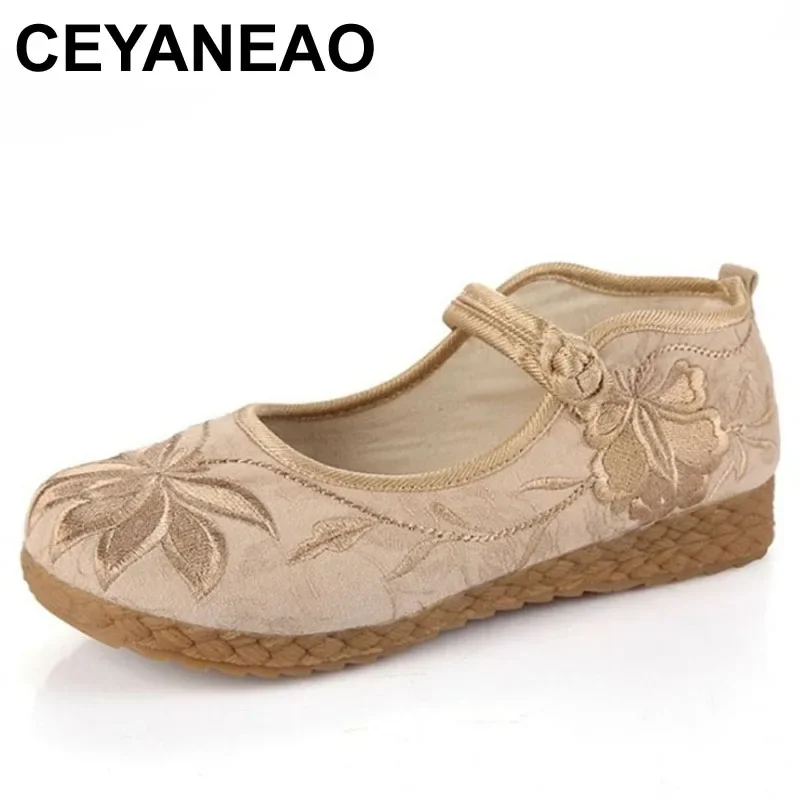 CEYANEAO  Old Beijing Flat cloth soles comfortable soft bottom retro middle-aged elderly embroidered leisure Women's shoes natio