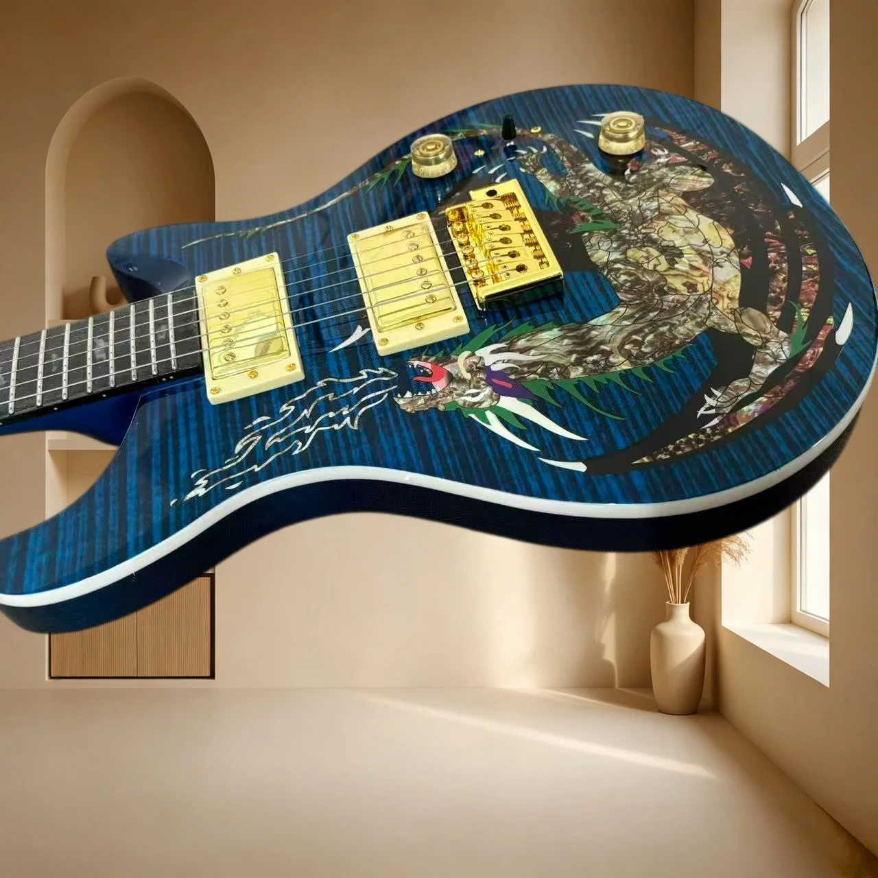 Blue Flame Dragon Shell Inlay PRS Style Electric Guitar Mahogany Body Gold Hardware Tremolo Collectible Guitar Free Shipping