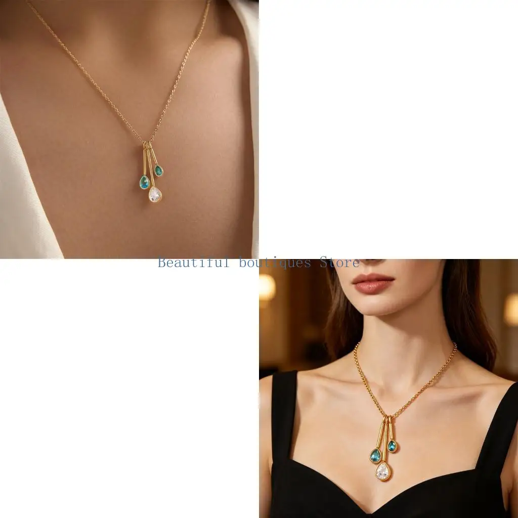 U4LF Adjustable Pendant Necklace for Women, Stainless Steel Gold Tone Chain with Minimal Stone Detail for Parties and Dates