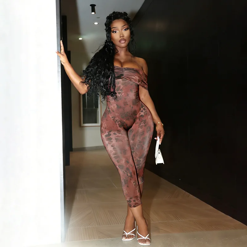 Women's sexy Pleated Camisole with Leopard Print, Off-Shoulder, and Cropped Jumpsuit