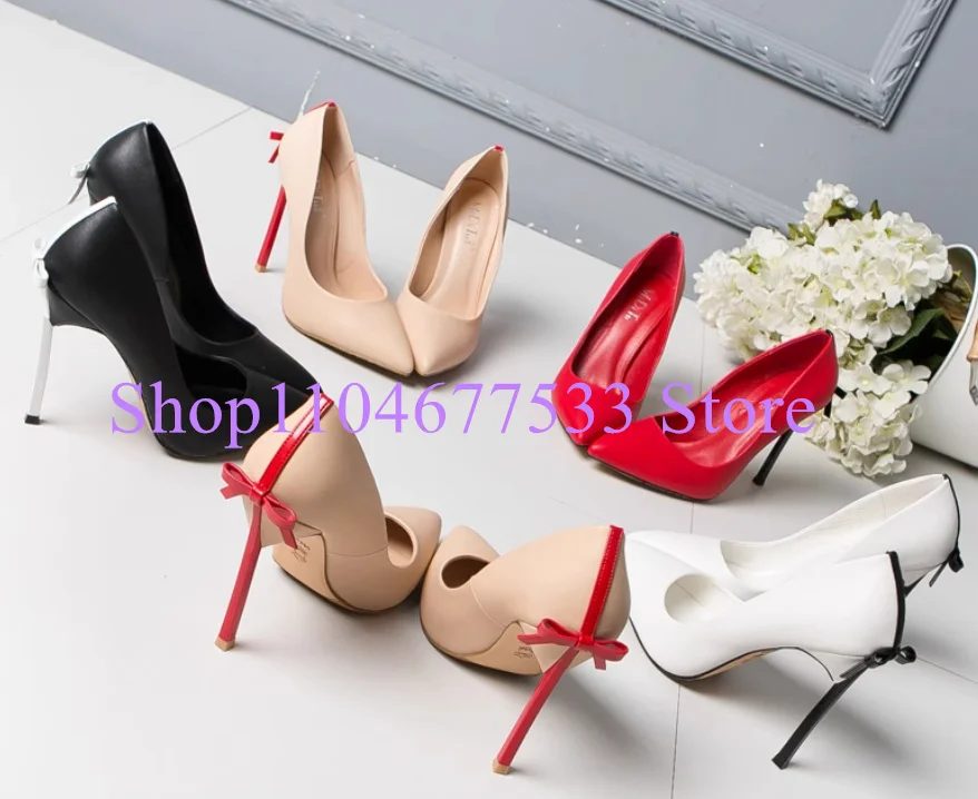 فراشة عقدة الجلود شفرة الكعوب سيدة مضخات أحذية مثير مدبب تو عودة ربطة امرأة عالية الكعب أحذية 6/8/10 سنتيمتر الكعوب فستان حذاء