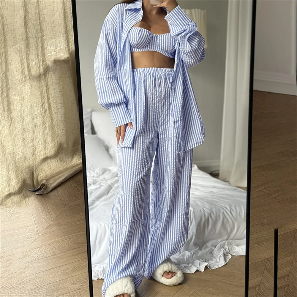 Women's 3PCS Color Block Striped Cardigan Camisole Pants Set Sleepwear Vacation Going out Daily Wear Loungewear Outfit
