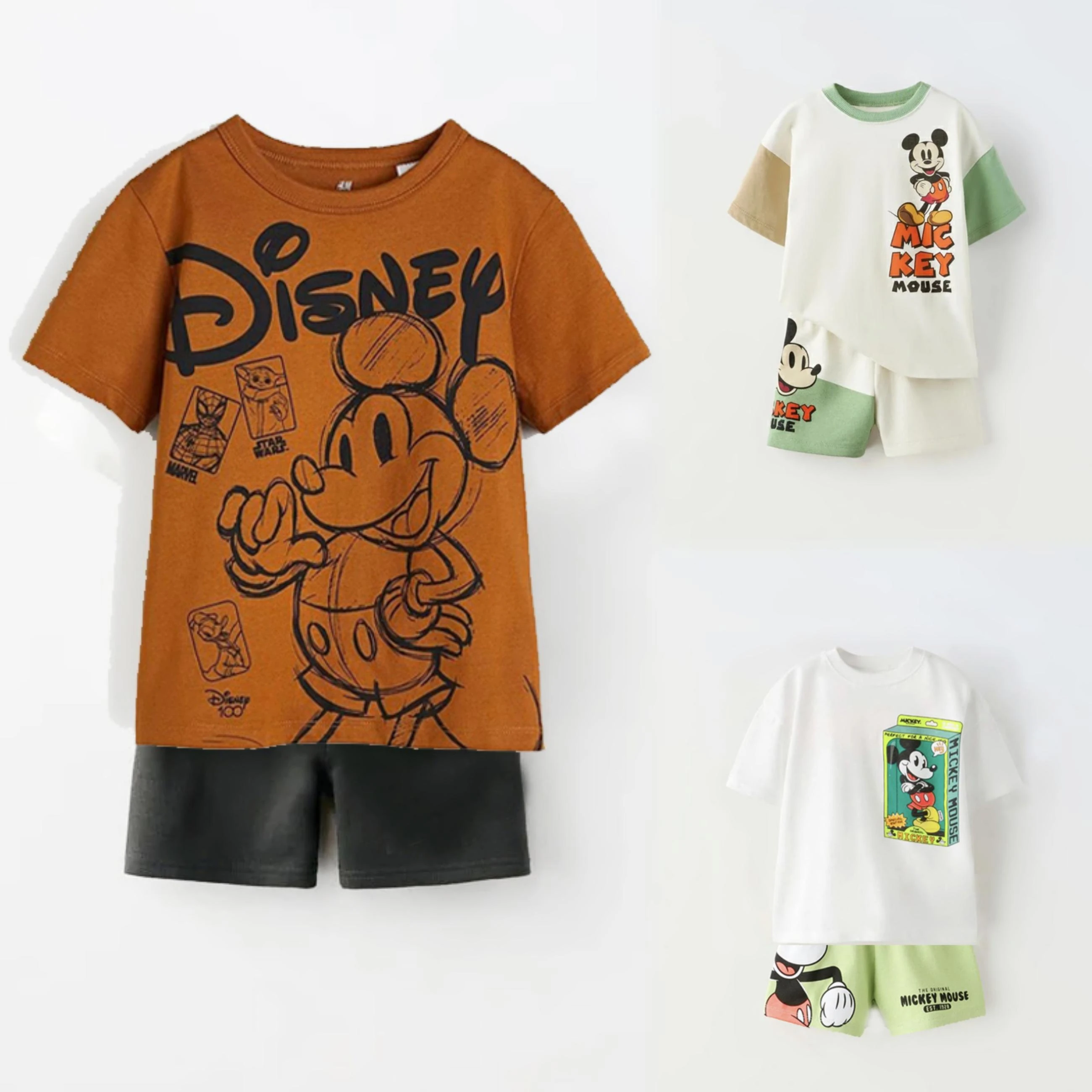 2025 New Summer Clothes Mickey Short Sleeve Suit Cartoon Disney Kids Boys T-shirt Shorts Two Piece Set Children Casual Tracksuit