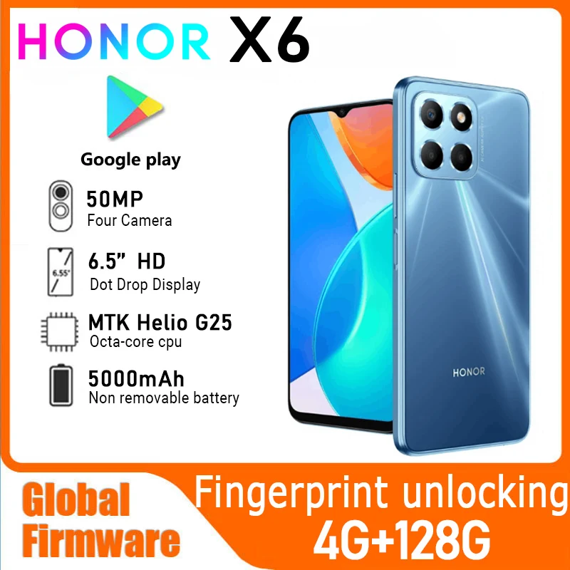 HONOR X6 Smartphone Global Firmware 4G 128G CPU Helio G25 screen 6.5-inch Android 1250 MP camera